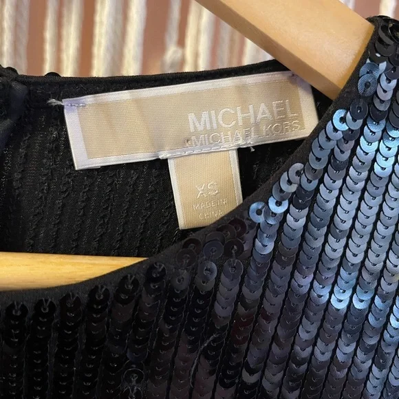 Michael Kors Black Sequin Dress XS bell sleeve cuff mini dress bodycon party - Picture 2 of 5